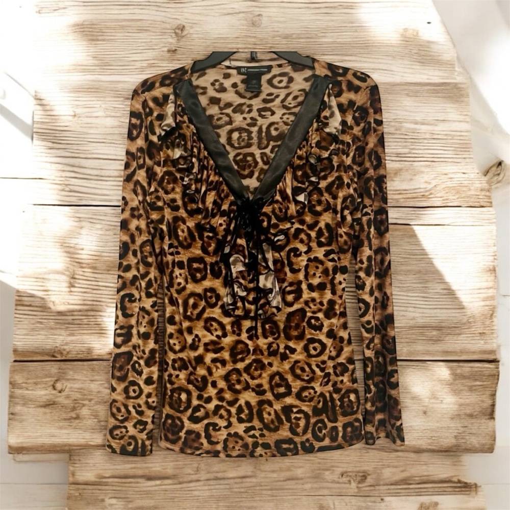 INC International Concepts Leopard Print Blouse with Black Accents